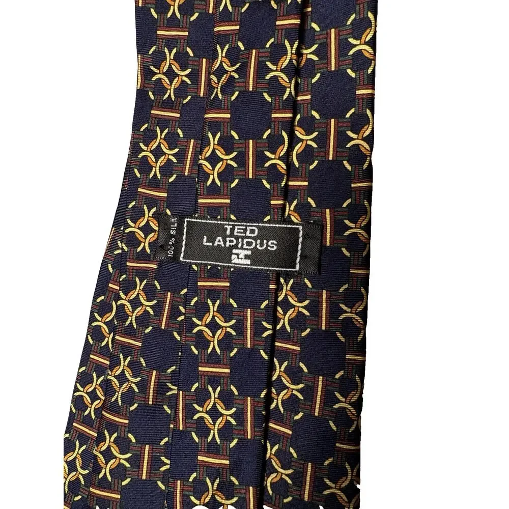 Ted Lapidus Silk Tie USA‎ Navy Blue Gold Yellow Burgundy Circle Chain 4